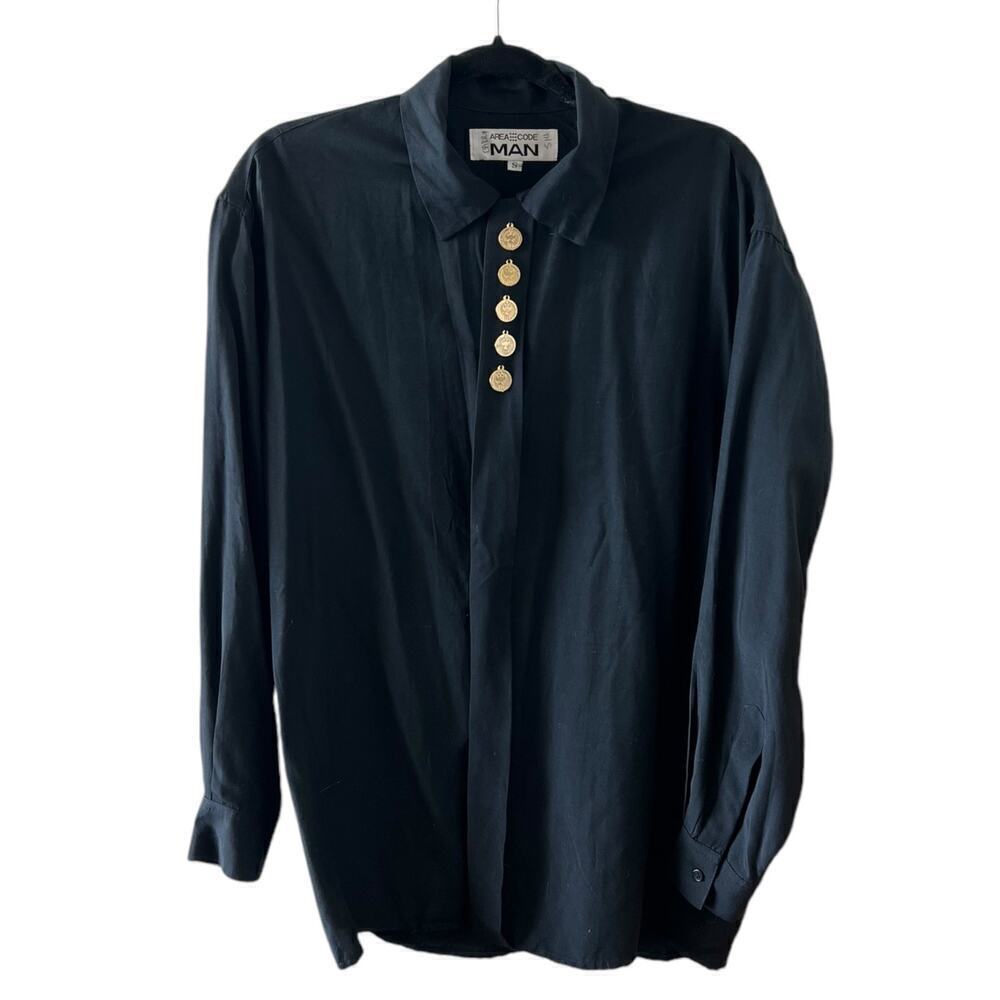 Vintage Y2K Mob Wife Black Buttondown Gold Medallion Art Deco